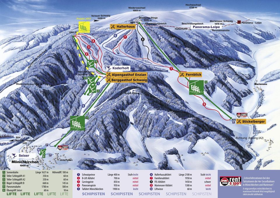 leicht B-Lift Abfahrt 700 m mittel Carvingpiste 850 m mittel Panoramapiste 950 m mittel Talfahrt Mönichkirchen 1900 m leicht Hallerhausabfahrt Länge 2100 m Stufe leicht Familienabfahrt 1950 m mittel