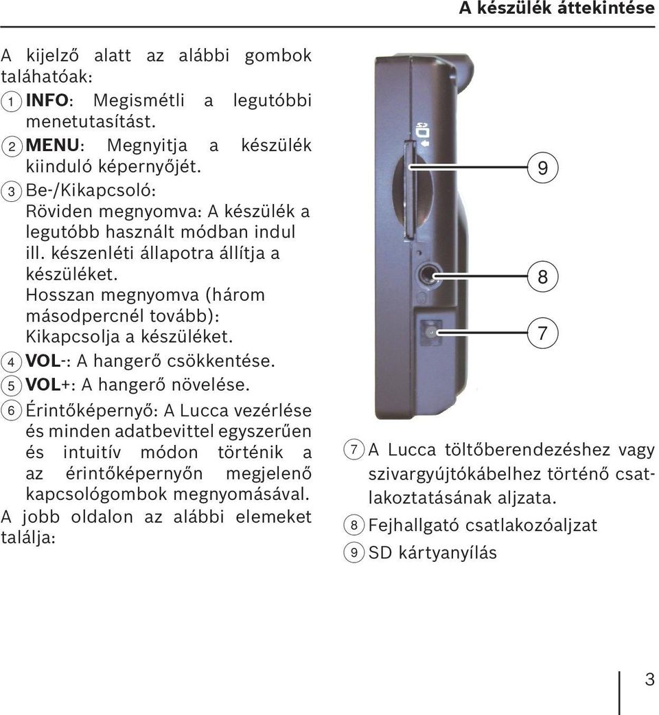 Hosszan megnyomva (három másodpercnél tovább): Kikapcsolja a készüléket. 4 VOL-: A hangerő csökkentése. 5 VOL+: A hangerő növelése.