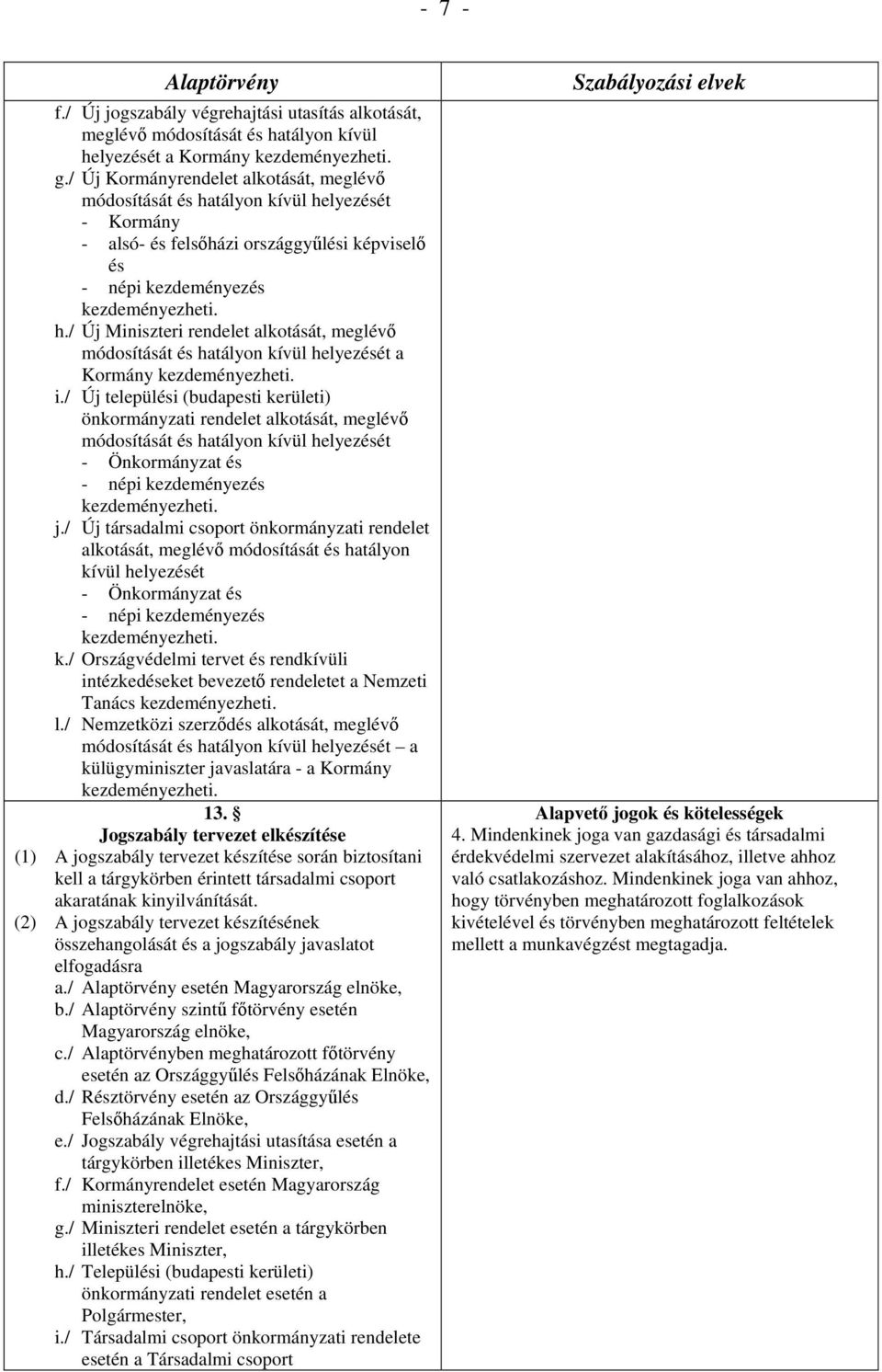 i./ Új települési (budapesti kerületi) önkormányzati rendelet alkotását, meglévő módosítását és hatályon kívül helyezését - Önkormányzat és - népi kezdeményezés kezdeményezheti. j.