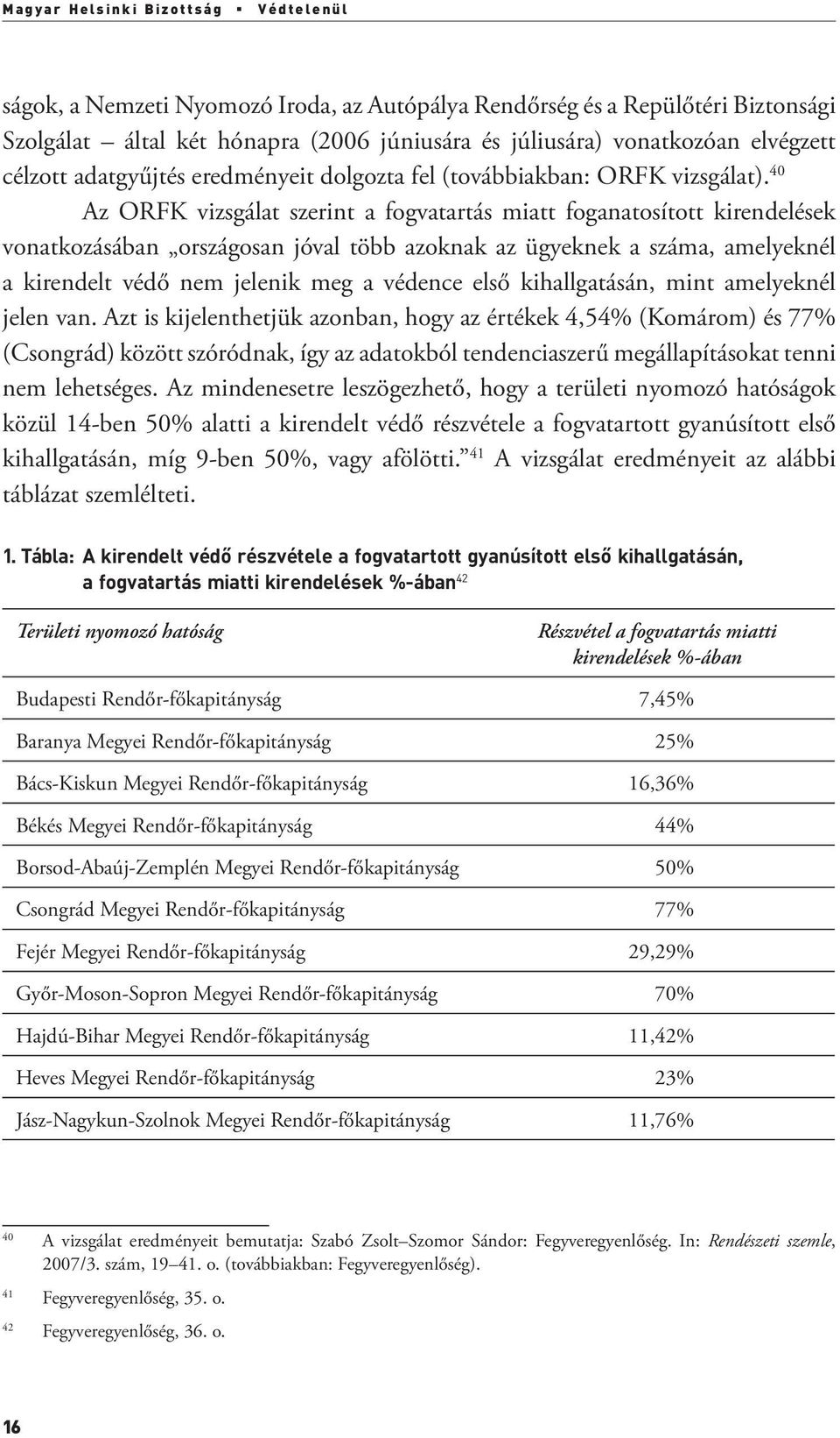 40 Az ORFK vizsgálat szerint a fogvatartás miatt foganatosított kirendelések vonatkozásában országosan jóval több azoknak az ügyeknek a száma, amelyeknél a kirendelt védő nem jelenik meg a védence