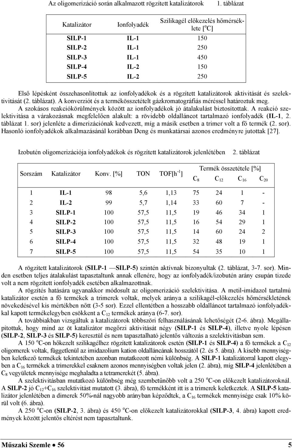 ionfolyadékok és a rögzített katalizátorok aktivitását és szelektivitását (2. táblázat). A konverziót és a termékösszetételt gázkromatográfiás méréssel határoztuk meg.