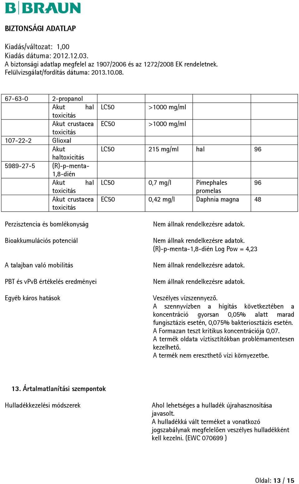 rendelkezésre adatok. Nem állnak rendelkezésre adatok. (R)-p-menta-1,8-dién Log Pow = 4,23 Nem állnak rendelkezésre adatok. Nem állnak rendelkezésre adatok. Veszélyes vízszennyező.