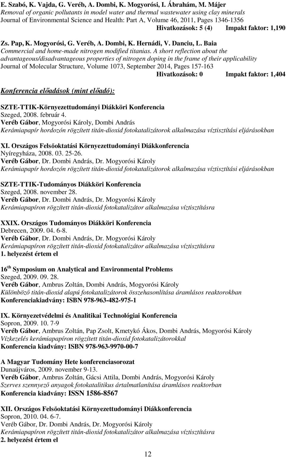 Impakt faktor: 1,190 Zs. Pap, K. Mogyorósi, G. Veréb, A. Dombi, K. Hernádi, V. Danciu, L. Baia Commercial and home-made nitrogen modified titanias.