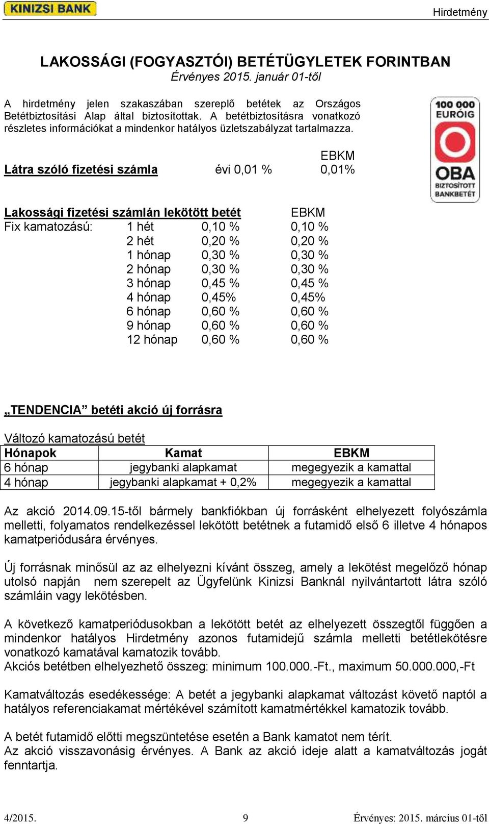 EBKM Látra szóló fizetési számla évi 0,01 % 0,01% Lakossági fizetési számlán lekötött betét EBKM Fix kamatozású: 1 hét 0,10 % 0,10 % 2 hét 0,20 % 0,20 % 1 hónap 0,30 % 0,30 % 2 hónap 0,30 % 0,30 % 3