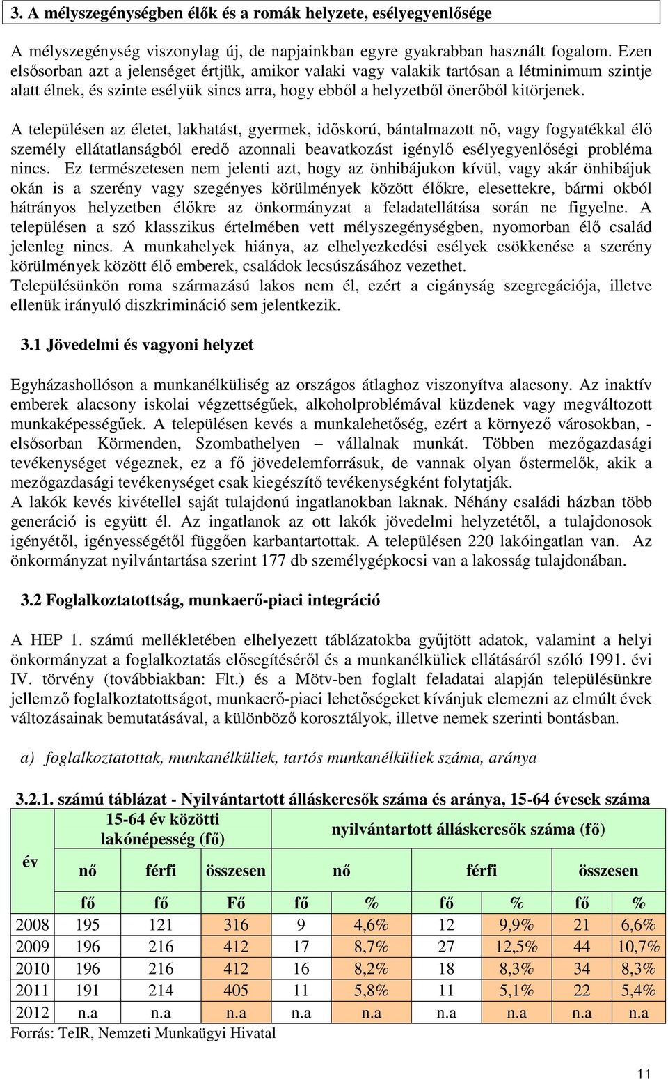 A településen az életet, lakhatást, gyermek, időskorú, bántalmazott nő, vagy fogyatékkal élő személy ellátatlanságból eredő azonnali beavatkozást igénylő esélyegyenlőségi probléma nincs.