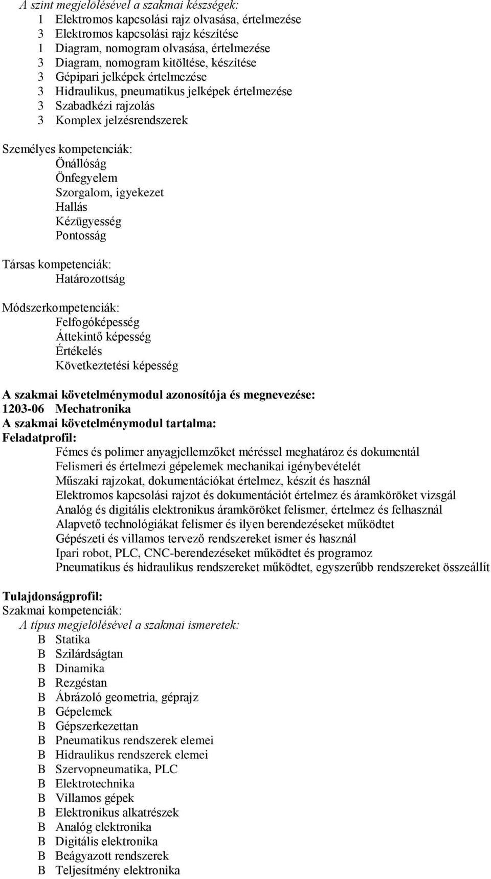 Szorgalom, igyekezet Hallás Kézügyesség Pontosság Társas kompetenciák: Határozottság Módszerkompetenciák: Felfogóképesség Áttekintő képesség Értékelés Következtetési képesség A szakmai