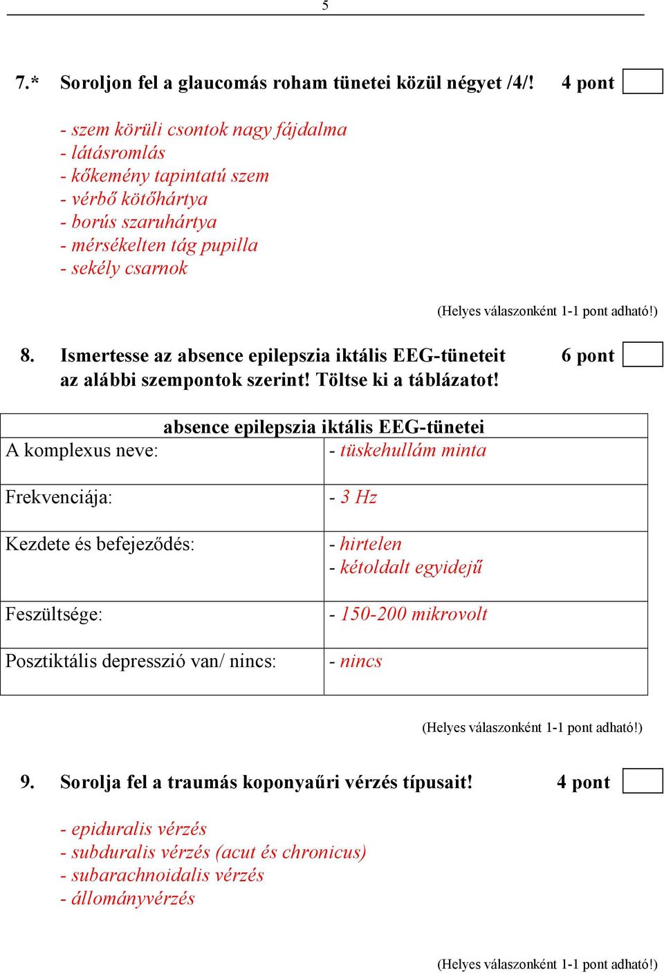 Ismertesse az absence epilepszia iktális EEG-tüneteit 6 pont az alábbi szempontok szerint! Töltse ki a táblázatot!