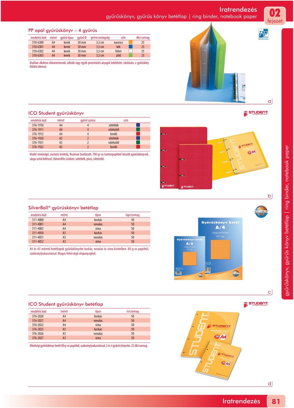 gyûrûskönyv, gyûrûs könyv etétlp ring iner, noteook pper 02 ICO Stuent gyûrûskönyv renelési kó méret gyűrű szám szín 376-1910 A4 4 sötétkék 376-1911 A4 4 sötétzöl 376-1912 A4 4 oró 376-19 A5 2