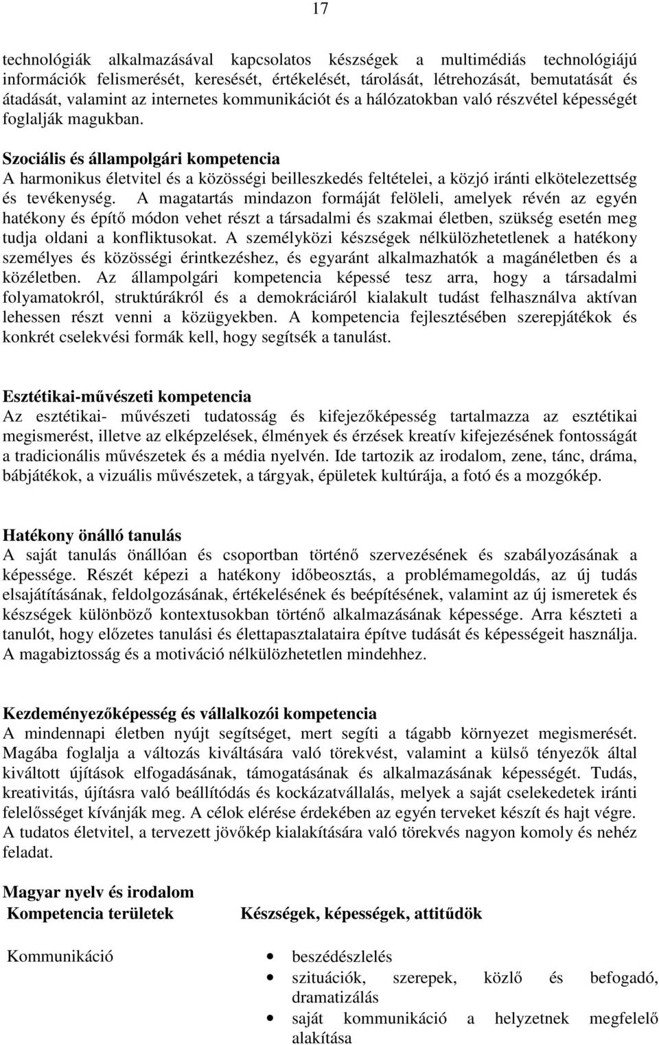 Szociális és állampolgári kompetencia A harmonikus életvitel és a közösségi beilleszkedés feltételei, a közjó iránti elkötelezettség és tevékenység.