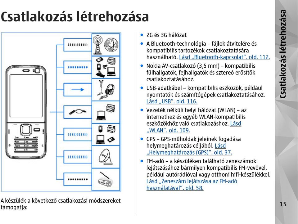 USB-adatkábel kompatibilis eszközök, például nyomtatók és számítógépek csatlakoztatásához. Lásd USB. old. 116.