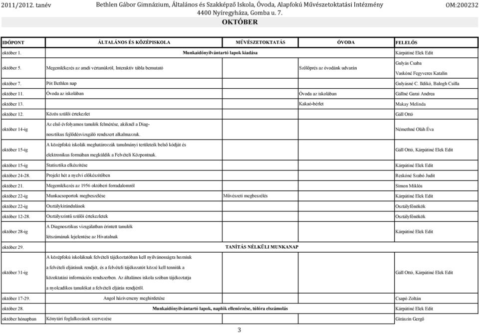 Közös szülői értekezlet október 14-ig Az első évfolyamos tanulók felmérése, akiknél a Diagnosztikus fejlődésvizsgáló rendszert alkalmazzuk.