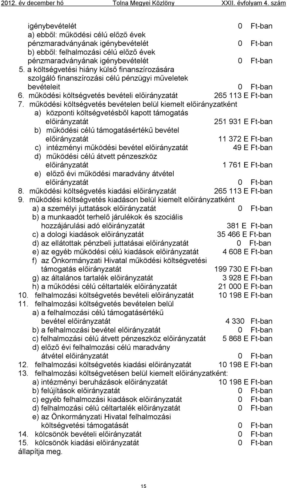 a költségvetési hiány külső finanszírozására szolgáló finanszírozási célú pénzügyi műveletek bevételeit 0 Ft-ban 6. működési költségvetés bevételi előirányzatát 265 113 E Ft-ban 7.