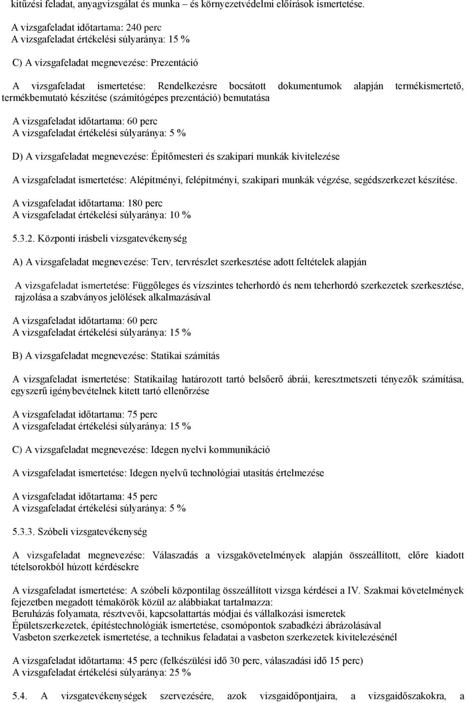 (számítógépes prezentáció) bemutatása A vizsgafeladat időtartama: 60 perc A vizsgafeladat értékelési súlyaránya: 5 % D) A vizsgafeladat megnevezése: Építőmesteri és szakipari munkák kivitelezése A