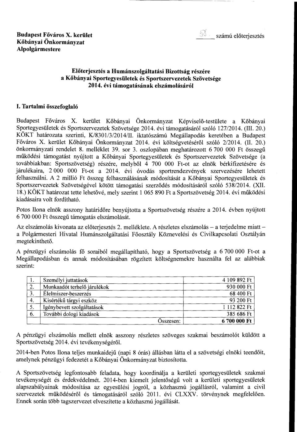 évi támgatásáró szóó 127/2014. (III. 20.) KÖKT határzata szerinti, K/8301/3/2014/II. iktatószámú Megáapdás keretében a Budapest Fővárs X. kerüet Kőbányai Önkrmányzat 2014.