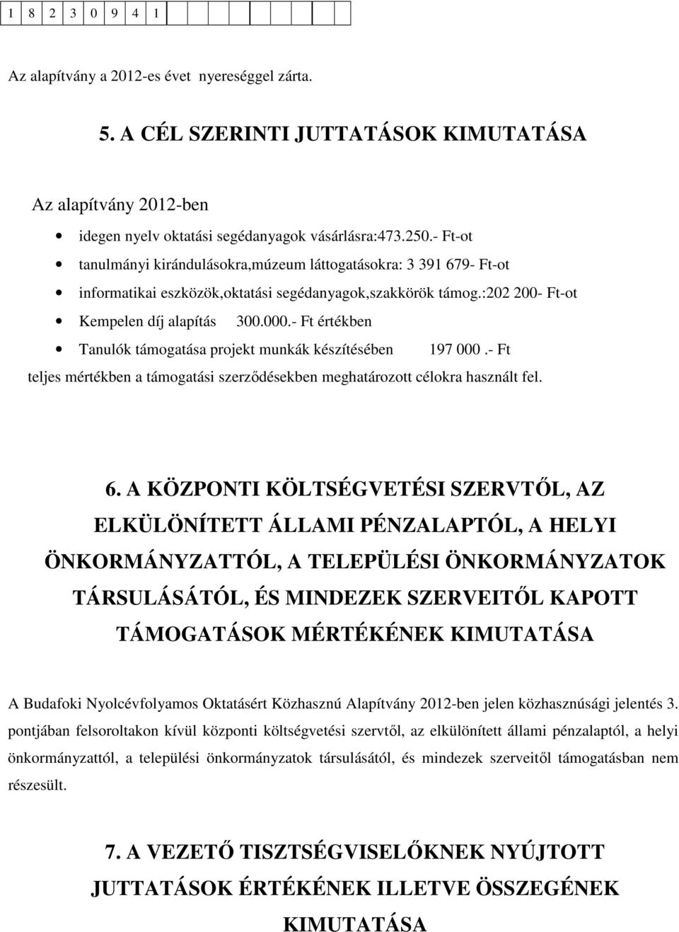 - Ft értékben Tanulók támogatása projekt munkák készítésében 197 000.- Ft teljes mértékben a támogatási szerződésekben meghatározott célokra használt fel. 6.