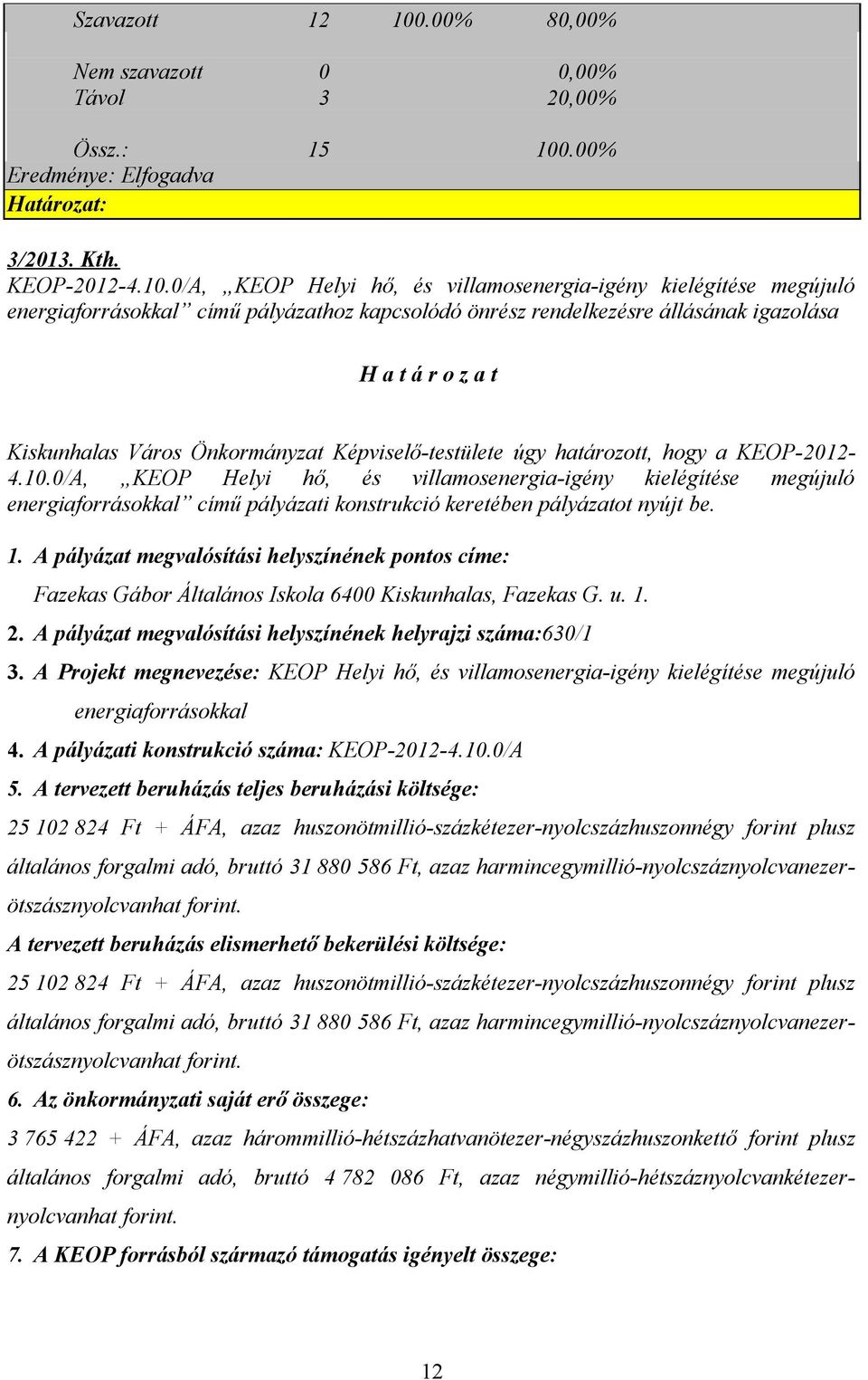 .00% Eredménye: Elfogadva Határozat: 3/2013. Kth. KEOP-2012-4.10.