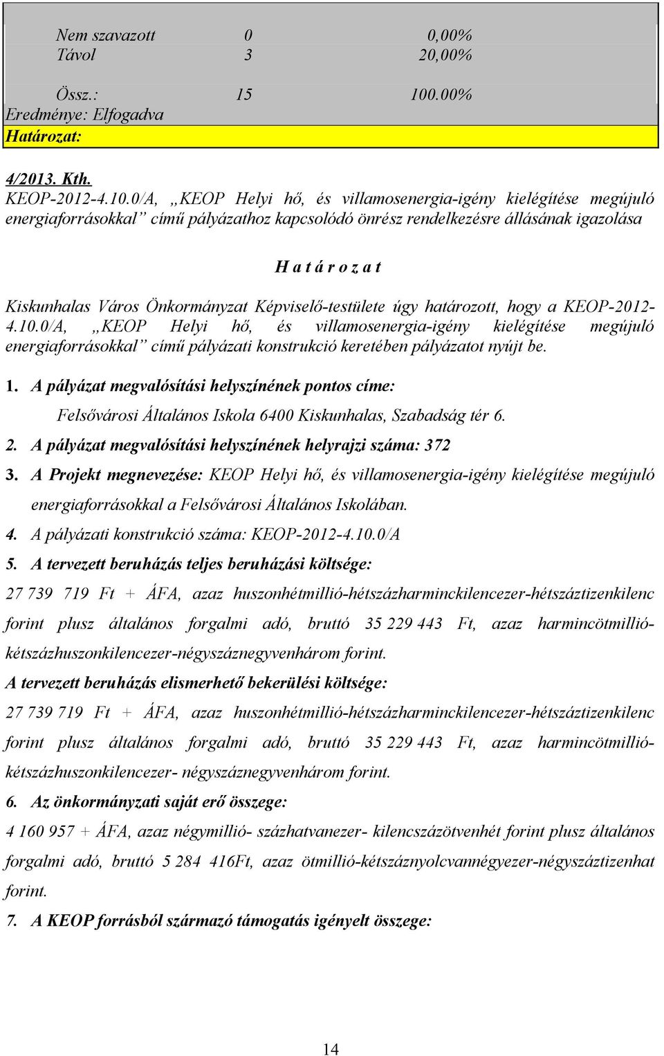 0/A, KEOP Helyi hő, és villamosenergia-igény kielégítése megújuló energiaforrásokkal című pályázathoz kapcsolódó önrész rendelkezésre állásának igazolása H a t á r o z a t Kiskunhalas Város