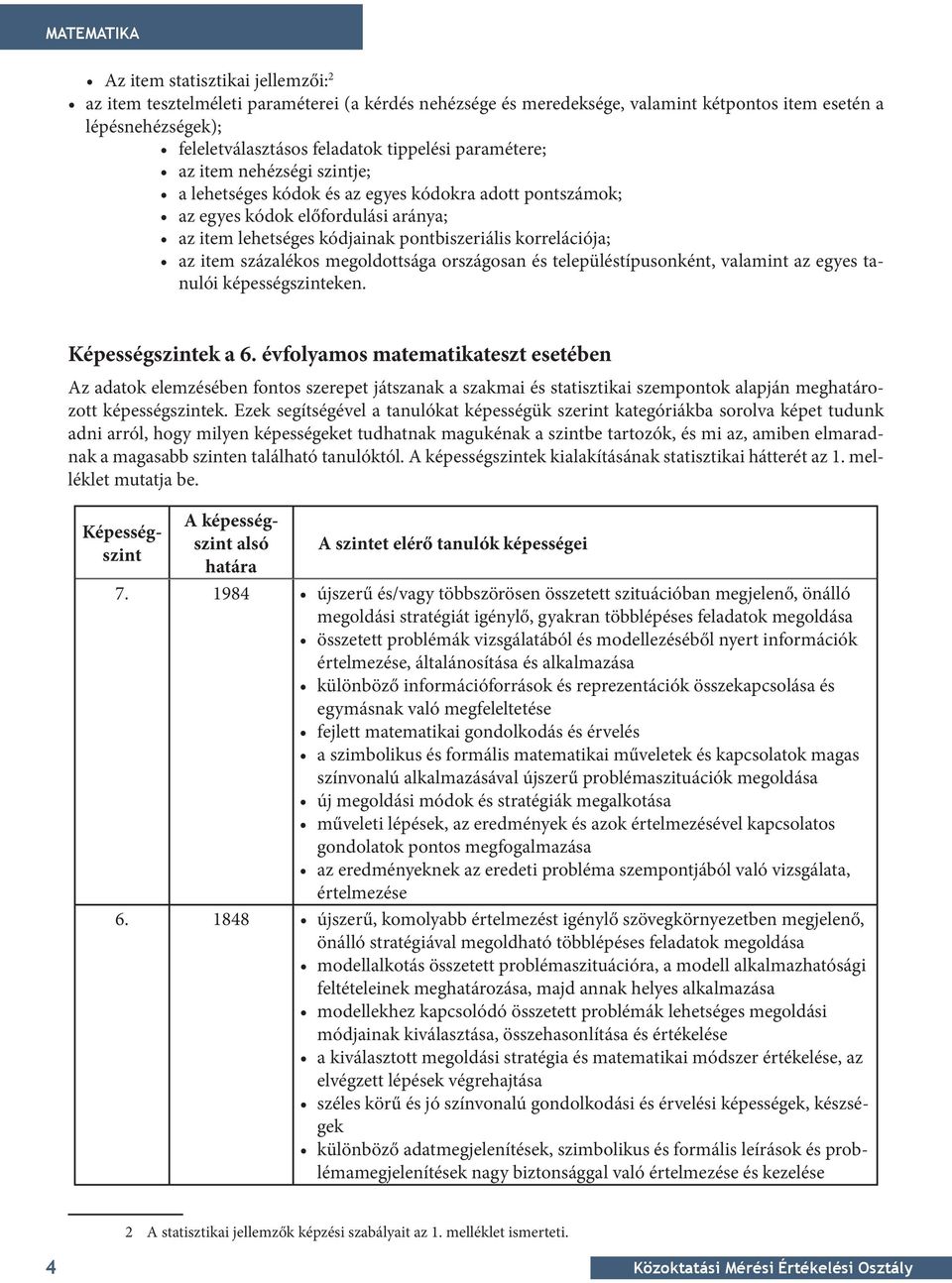 korrelációja; az item százalékos megoldottsága országosan és településtípusonként, valamint az egyes tanulói képességszinteken. képességszintek a 6.