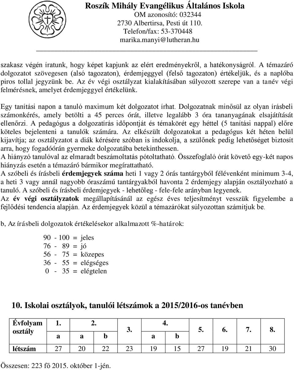 Az év végi osztályzat kialakításában súlyozott szerepe van a végi felmérésnek, amelyet érdemjeggyel értékelünk. Egy tanítási napon a tanuló maximum két dolgozatot írhat.