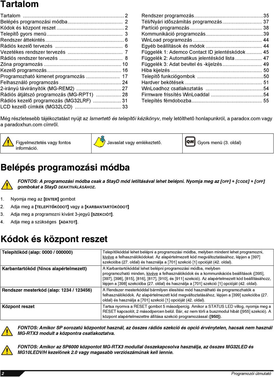 .. 27 Rádiós átjátszó programozás (MG-RPT1)... 28 Rádiós kezelõ programozás (MG32LRF)... 31 LCD kezelõ címkék (MG32LCD)... 33 Rendszer programozás...35 Téli/Nyári idõszámítás programozás.