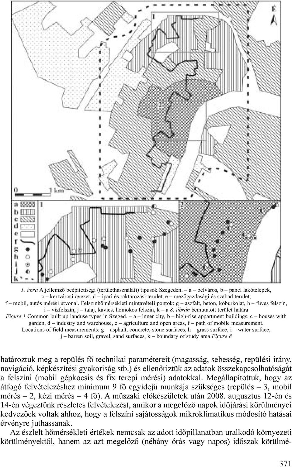 Felszínhőmérsékleti mintavételi pontok: g aszfalt, beton, kőburkolat, h füves felszín, i vízfelszín, j talaj, kavics, homokos felszín, k a 8.