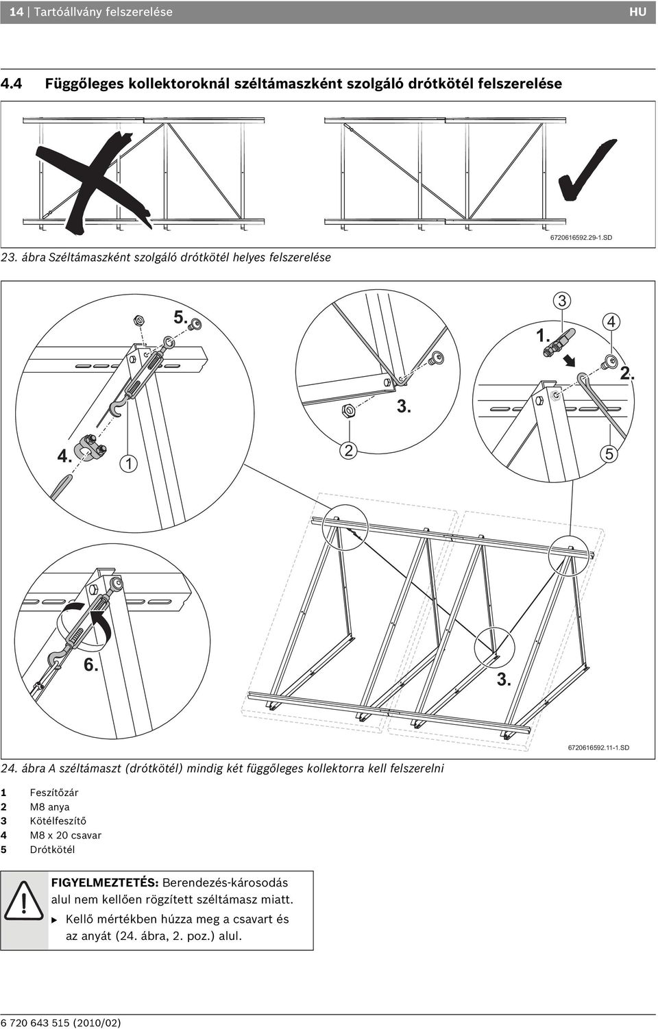 ábra A széltámaszt (drótkötél) mindig két függőleges kollektorra kell felszerelni 1 Feszítőzár 2 M8 anya 3 Kötélfeszítő 4 M8 x 20 csavar
