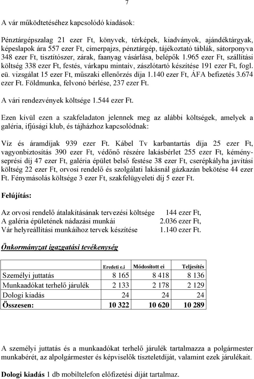 vizsgálat 15 ezer Ft, műszaki ellenőrzés díja 1.140 ezer Ft, ÁFA befizetés 3.674 ezer Ft. Földmunka, felvonó bérlése, 237 ezer Ft. A vári rendezvények költsége 1.544 ezer Ft.