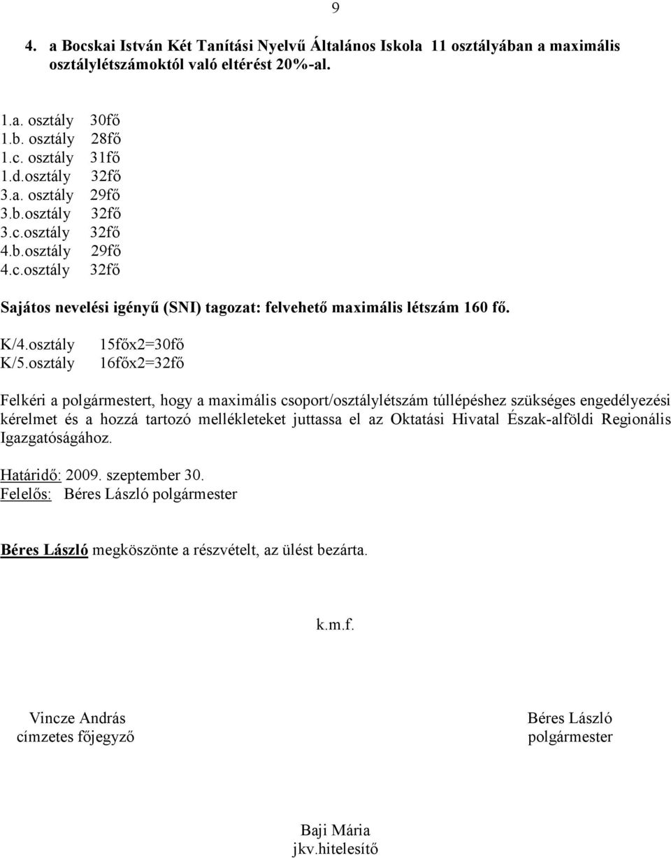 osztály 15fıx2=30fı 16fıx2=32fı Felkéri a polgármestert, hogy a maximális csoport/osztálylétszám túllépéshez szükséges engedélyezési kérelmet és a hozzá tartozó mellékleteket juttassa el az