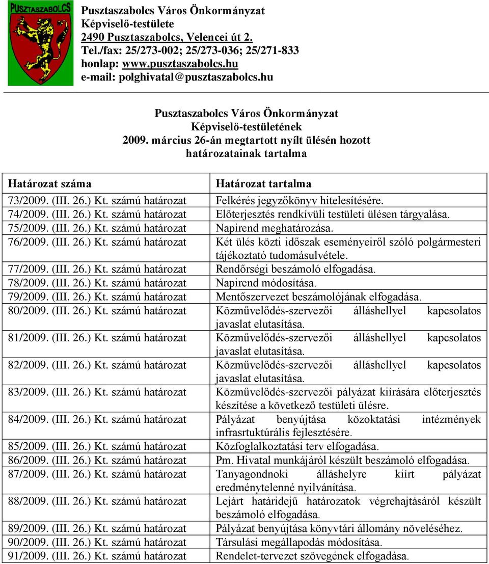 számú határozat Felkérés jegyzőkönyv hitelesítésére. 74/2009. (III. 26.) Kt. számú határozat Előterjesztés rendkívüli testületi ülésen tárgyalása. 75/2009. (III. 26.) Kt. számú határozat Napirend meghatározása.