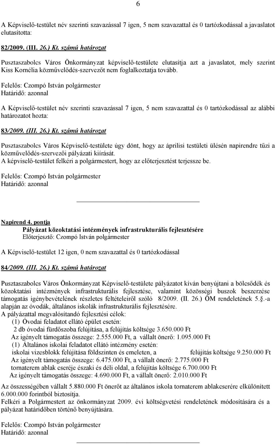 A Képviselő-testület név szerinti szavazással 7 igen, 5 nem szavazattal és 0 tartózkodással az alábbi határozatot hozta: 83/2009. (III. 26.) Kt.