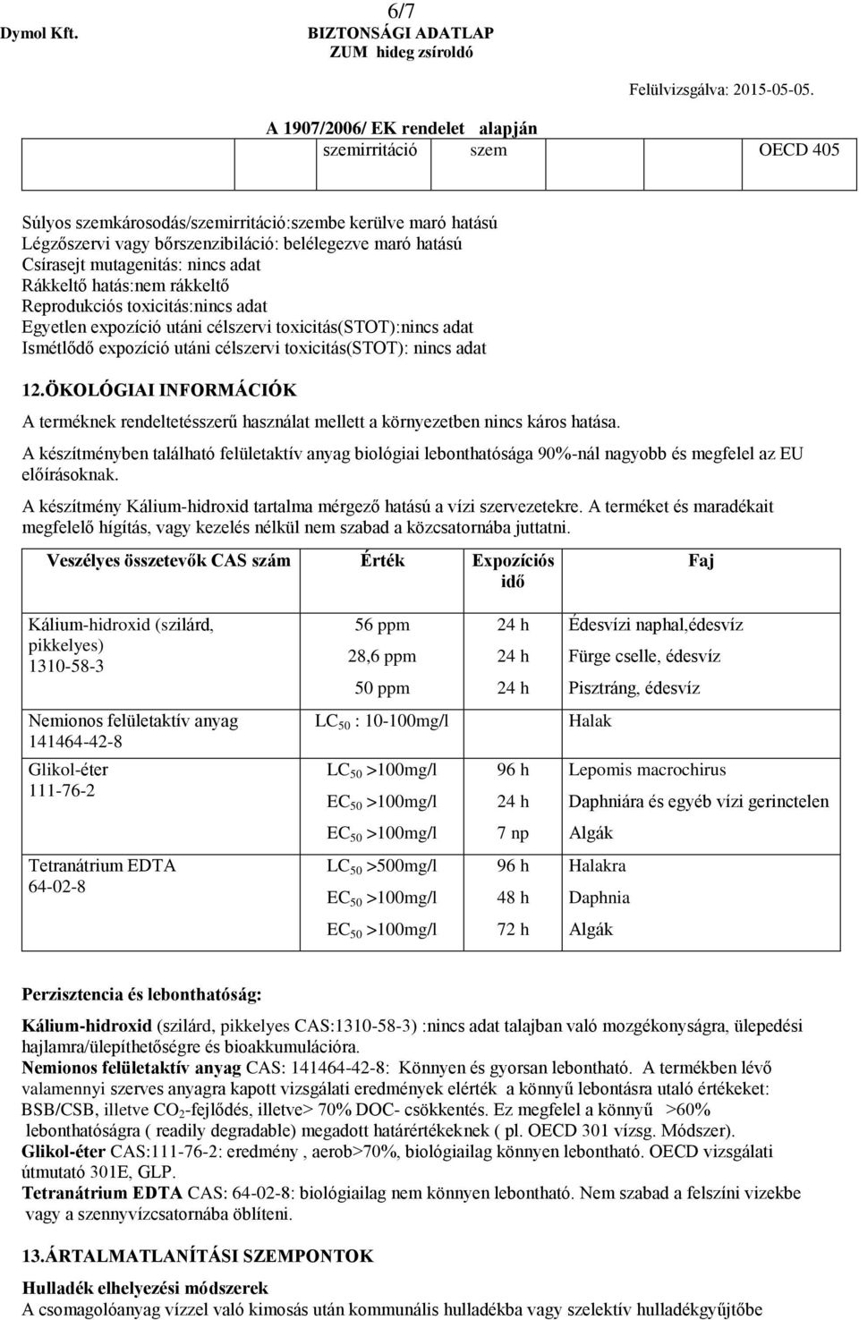 ÖKOLÓGIAI INFORMÁCIÓK A terméknek rendeltetésszerű használat mellett a környezetben nincs káros hatása.