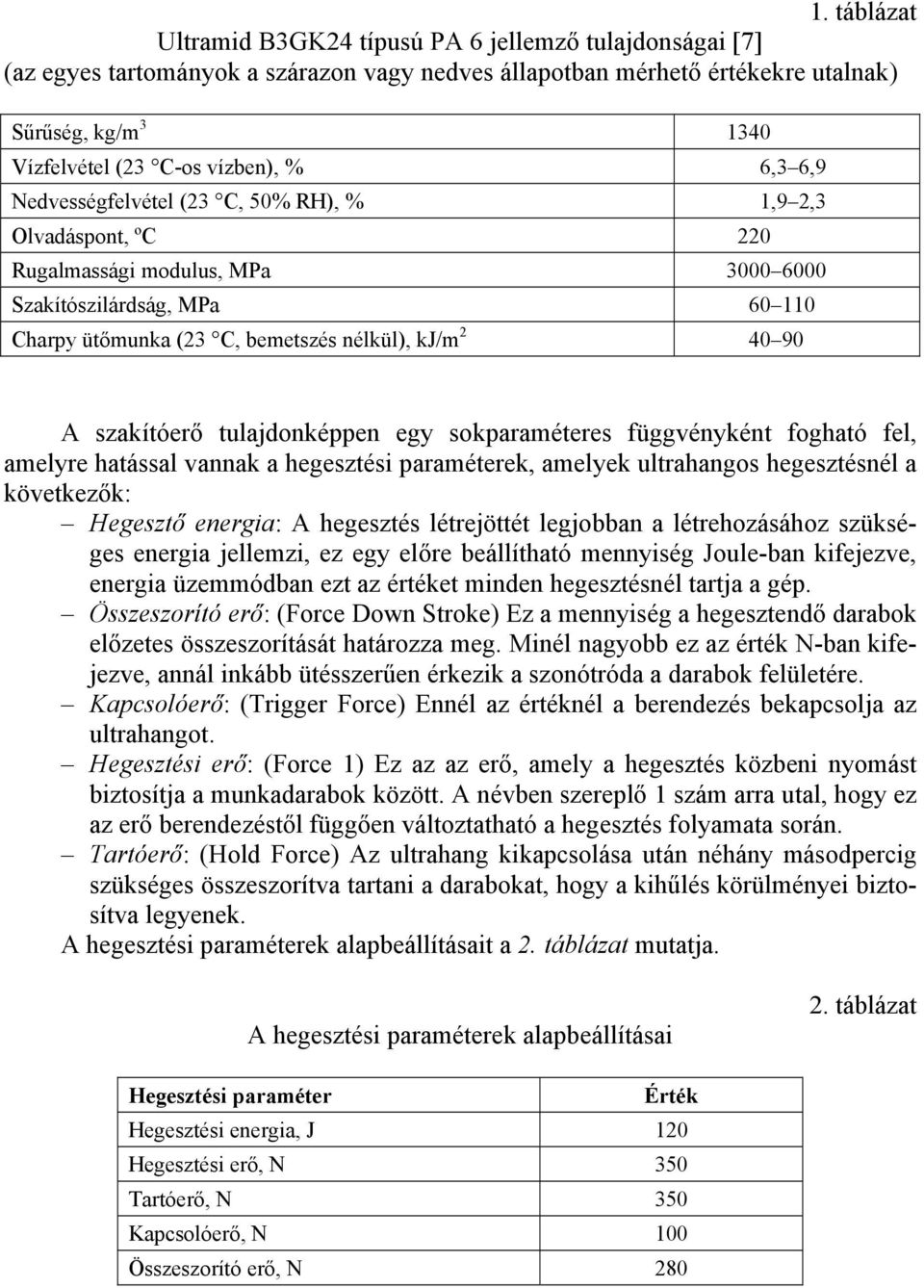 40 90 A szakítóerő tulajdonképpen egy sokparaméteres függvényként fogható fel, amelyre hatással vannak a hegesztési paraméterek, amelyek ultrahangos hegesztésnél a következők: Hegesztő energia: A