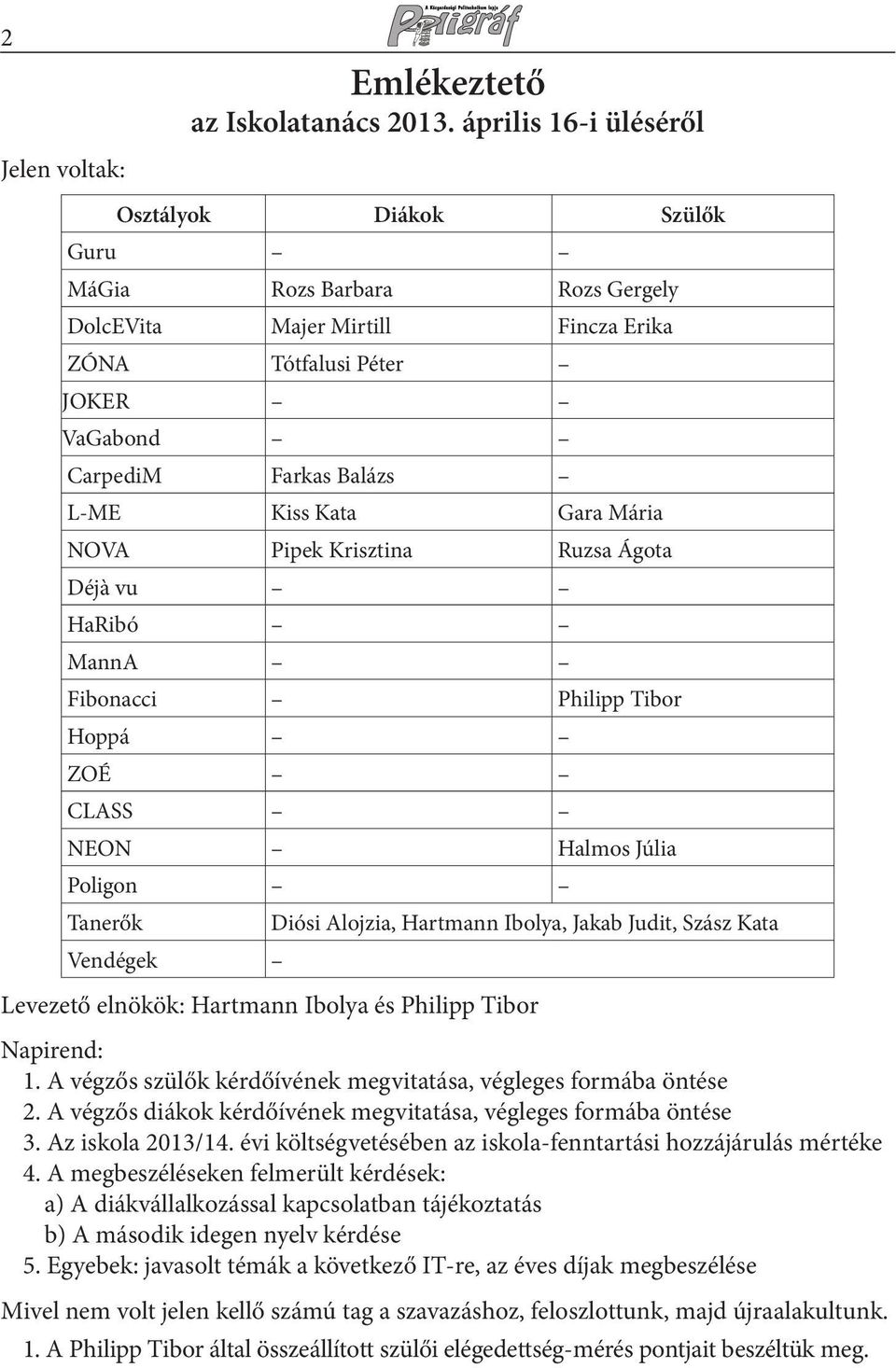 Mária NOVA Pipek Krisztina Ruzsa Ágota Déjà vu HaRibó MannA Fibonacci Philipp Tibor Hoppá ZOÉ CLASS NEON Halmos Júlia Poligon Tanerők Diósi Alojzia, Hartmann Ibolya, Jakab Judit, Szász Kata Vendégek