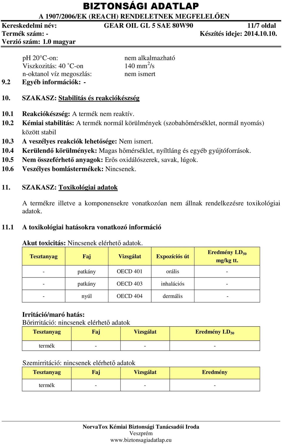 3 A veszélyes reakciók lehetősége: Nem ismert. 10.4 Kerülendő körülmények: Magas hőmérséklet, nyíltláng és egyéb gyújtóforrások. 10.5 Nem összeférhető anyagok: Erős oxidálószerek, savak, lúgok. 10.6 Veszélyes bomlástermékek: Nincsenek.