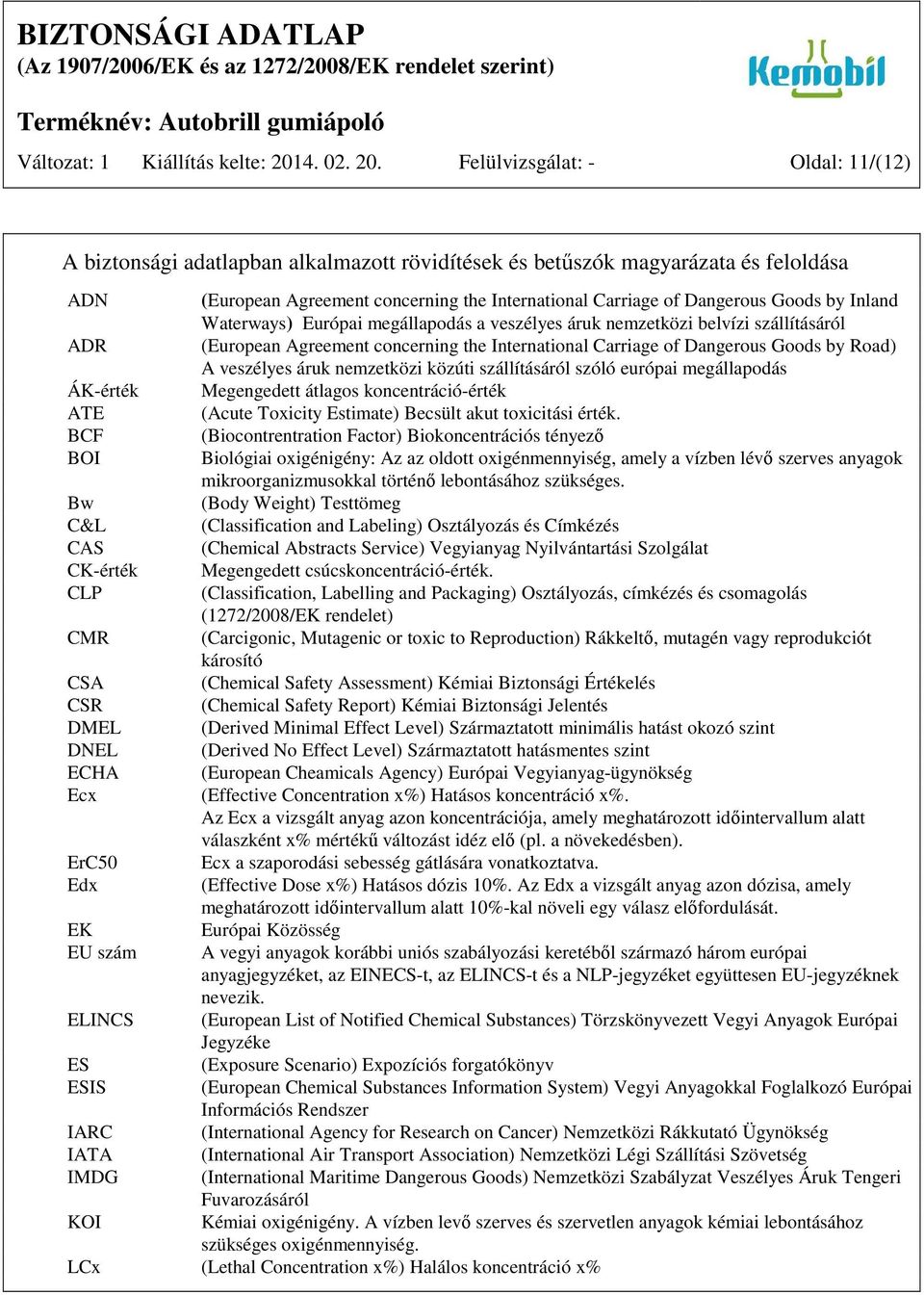 Felülvizsgálat: - Oldal: 11/(12) A biztonsági adatlapban alkalmazott rövidítések és betűszók magyarázata és feloldása ADN (European Agreement concerning the International Carriage of Dangerous Goods