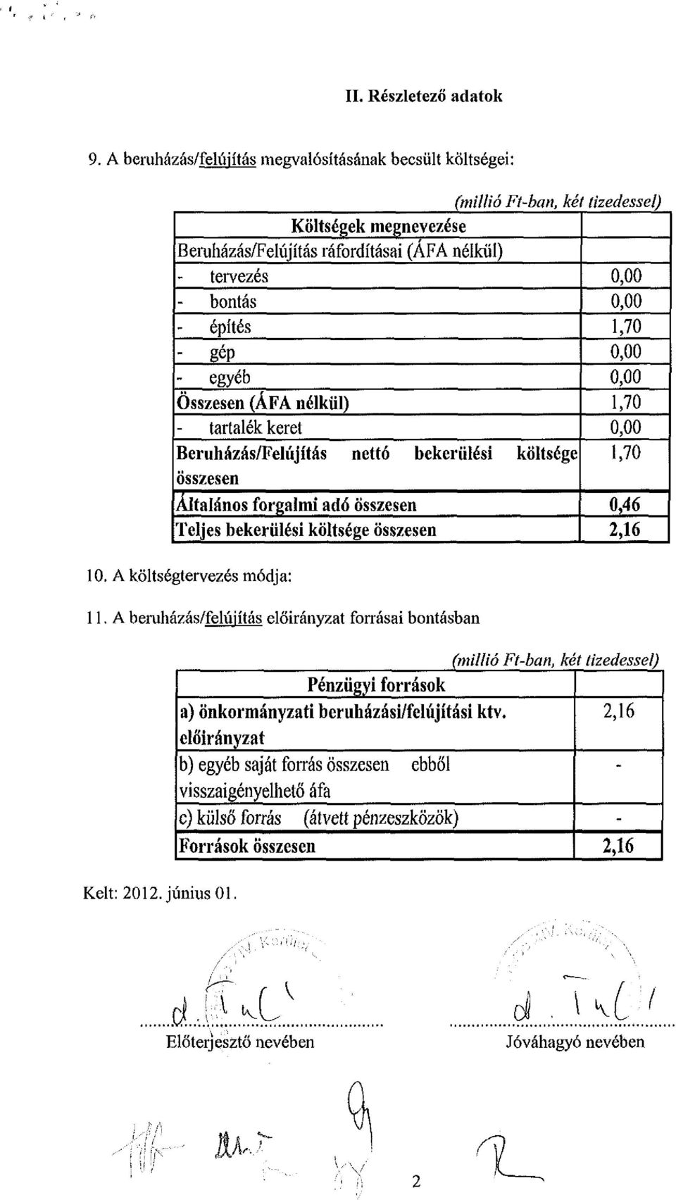 Összesen (AFA nélkül) tartalék keret Beruházás/Felújítás nettó bekerülési költsége összesen Általános forgalmi adó Összesen Teljes bekerülési költsége összesen 10. A költségtervezés módja: 11.