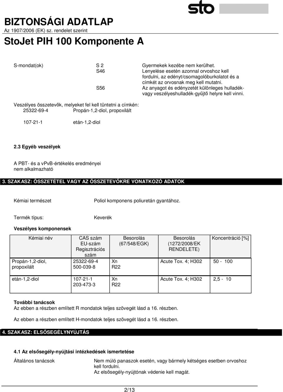 Veszélyes összetevık, melyeket fel kell tüntetni a címkén: 25322-69-4 Propán-1,2-diol, propoxilált 107-21-1 etán-1,2-diol 2.3 Egyéb veszélyek A PBT- és a vpvb-értékelés eredményei 3.