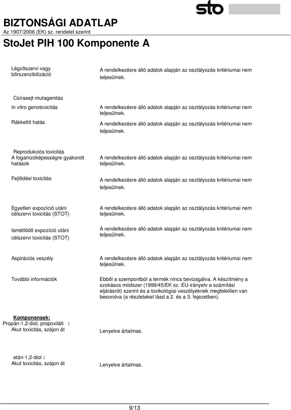 bevizsgálva. A készítmény a szokásos módszer (1999/45/EK sz.