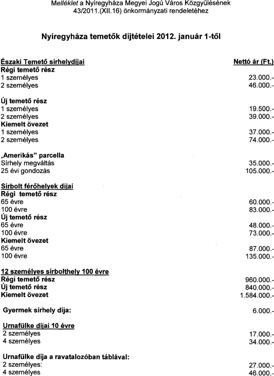 január i-től Északi Temető sírhelydiiai "Amerikás" parcella Sírhely megváltás 25 évi gondozás Sírbolt férőhelyek díjai 1