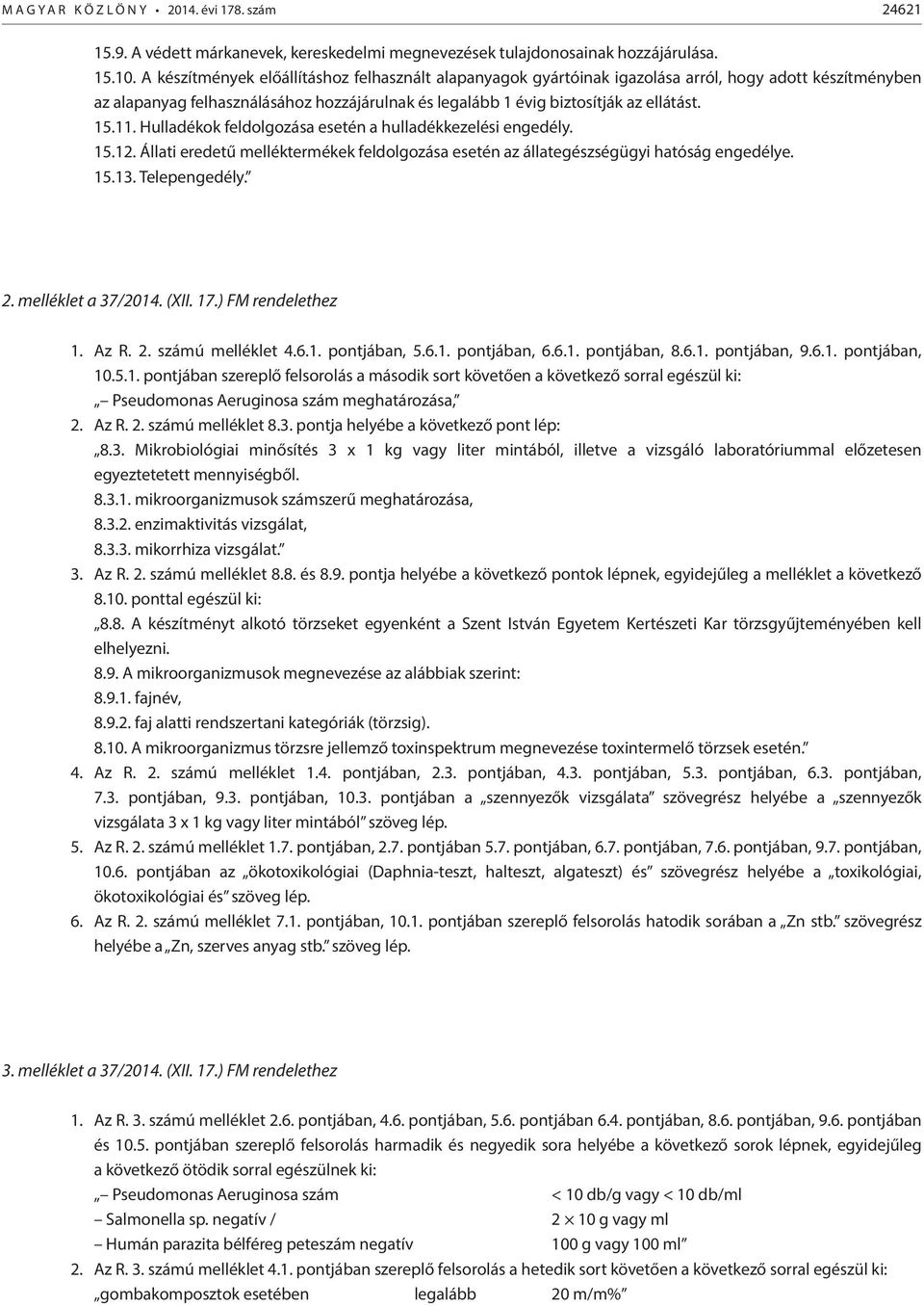 Hulladékok feldolgozása esetén a hulladékkezelési engedély. 15.12. Állati eredetű melléktermékek feldolgozása esetén az állategészségügyi hatóság engedélye. 15.13. Telepengedély. 2.