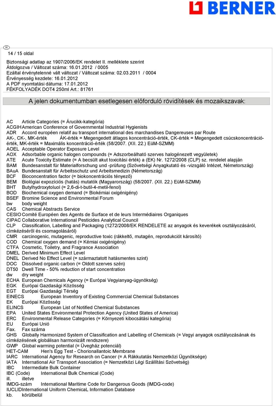 csúcskoncentrációérték, MK-érték = Maximális koncentráció-érték (58/2007. (XII. 22.