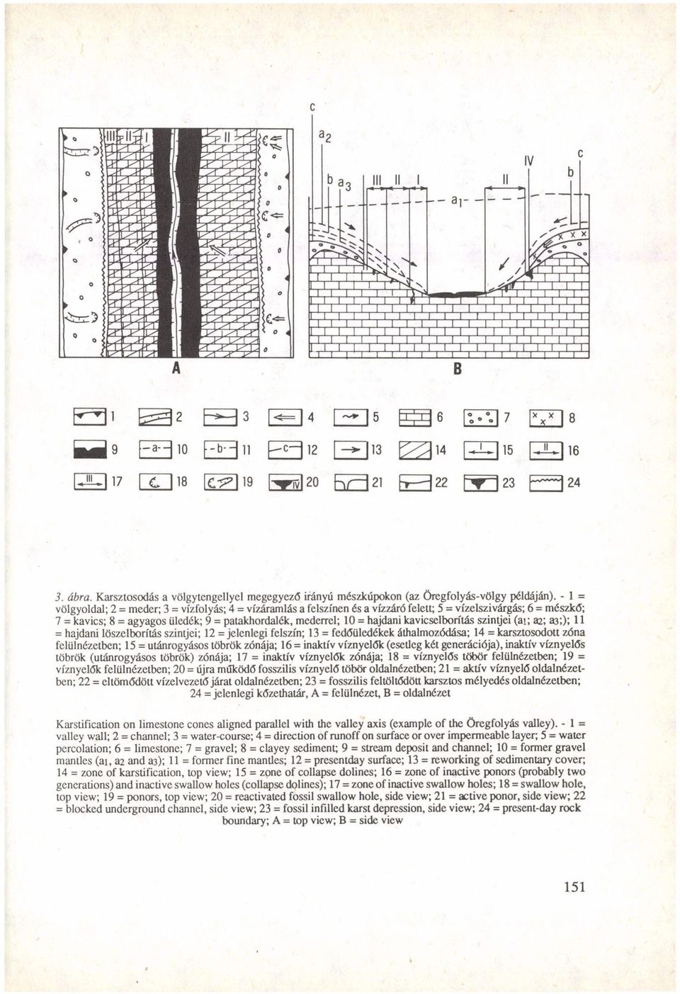 - 1 = völgyoldal; 2 = meder; 3 = vízfolyás; 4 = vízáramlás a felszínen és a vízzáró felett; 5 = vízelszivárgás; 6 = mészkő; 7 = kavics; 8 = agyagos üledék; 9 = patakhordalék, mederrel; 10 = hajdani