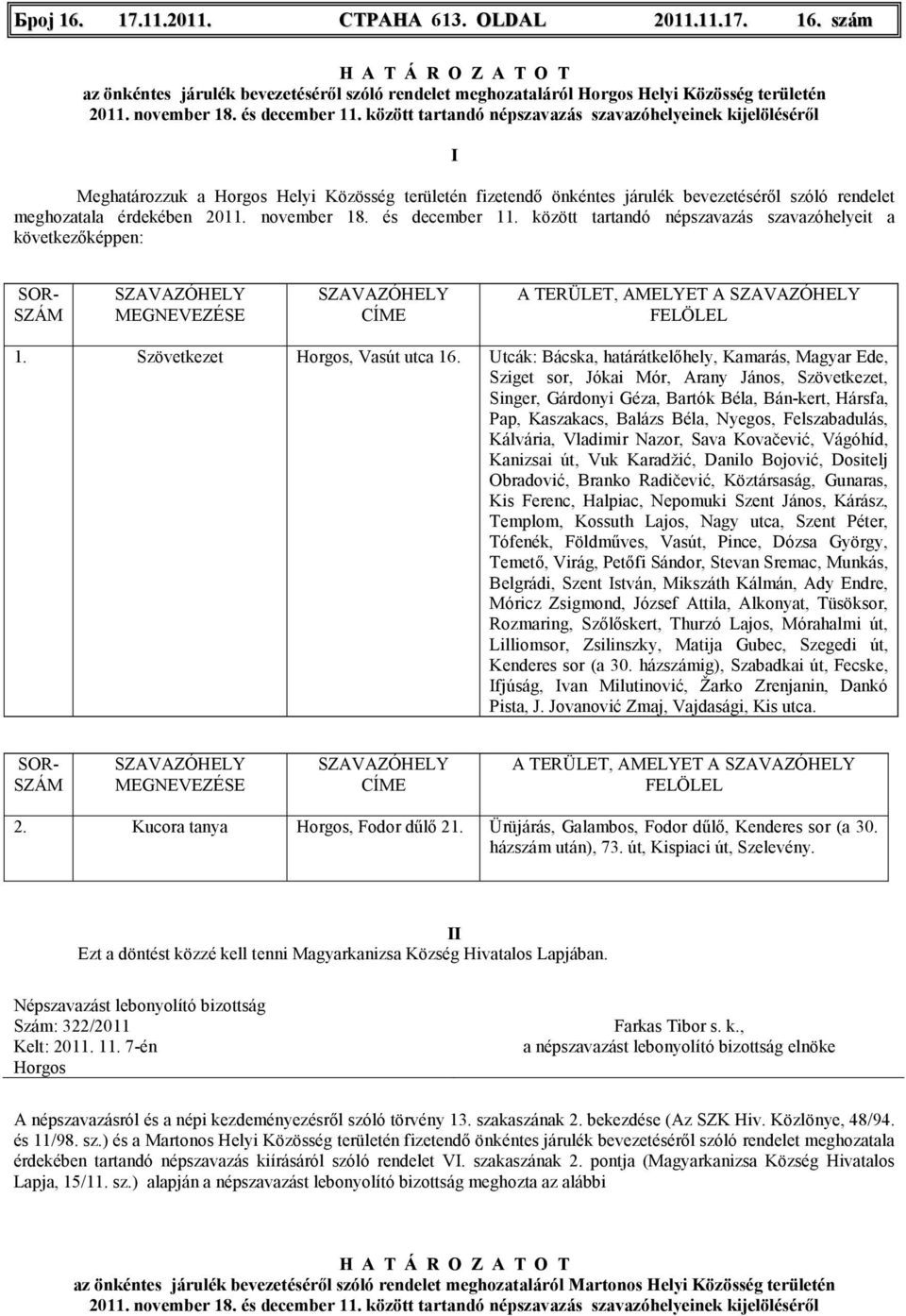november 18. és december 11. között tartandó népszavazás szavazóhelyeit a következıképpen: SOR- SZÁM MEGNEVEZÉSE CÍME A TERÜLET, AMELYET A FELÖLEL 1. Szövetkezet Horgos, Vasút utca 16.