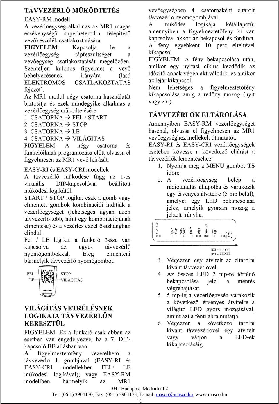 Az MR1 modul négy csatorna használatát biztosítja és ezek mindegyike alkalmas a vezérlőegység működtetésére: 1. CSATORNA FEL / START 2. CSATORNA STOP 3. CSATORNA LE 4.