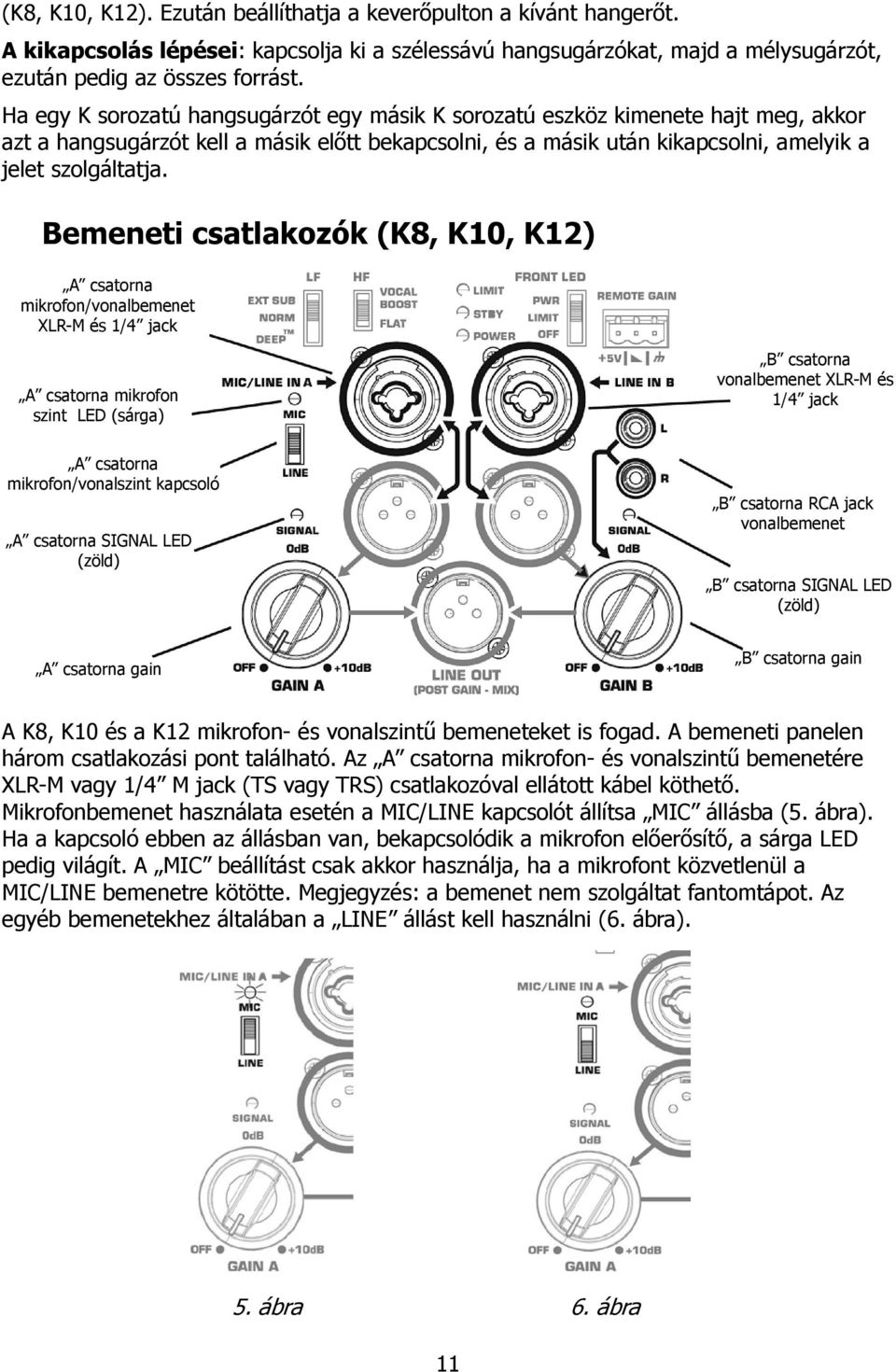 Bemeneti csatlakozók (K8, K10, K12) A csatorna mikrofon/vonalbemenet XLR-M és 1/4 jack A csatorna mikrofon szint LED (sárga) B csatorna vonalbemenet XLR-M és 1/4 jack A csatorna mikrofon/vonalszint