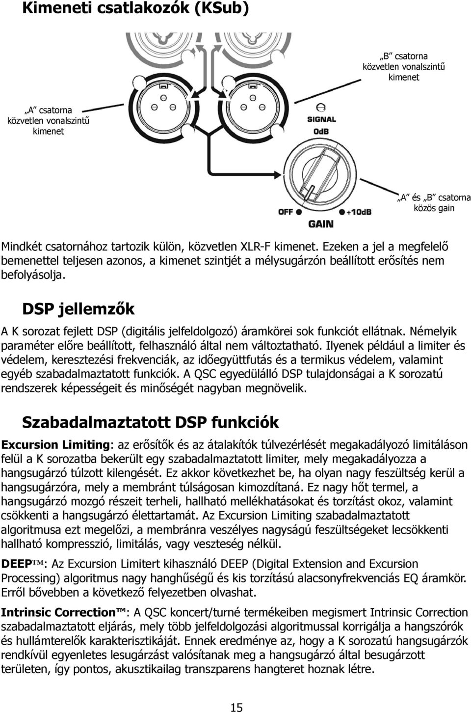 DSP jellemzők A K sorozat fejlett DSP (digitális jelfeldolgozó) áramkörei sok funkciót ellátnak. Némelyik paraméter előre beállított, felhasználó által nem változtatható.