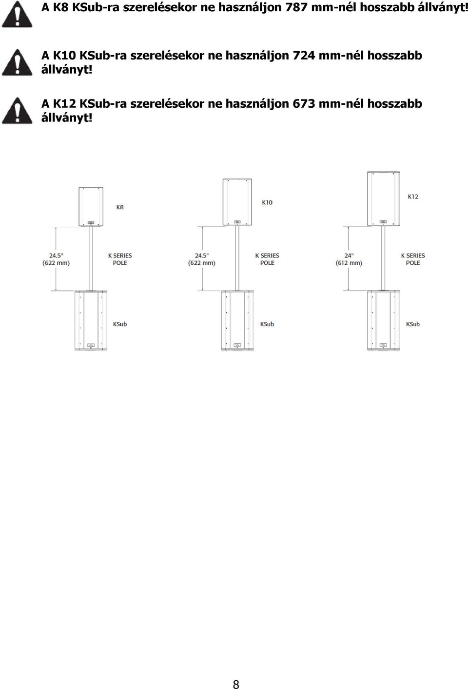 A K10 KSub-ra szerelésekor ne használjon 724 mm-nél 