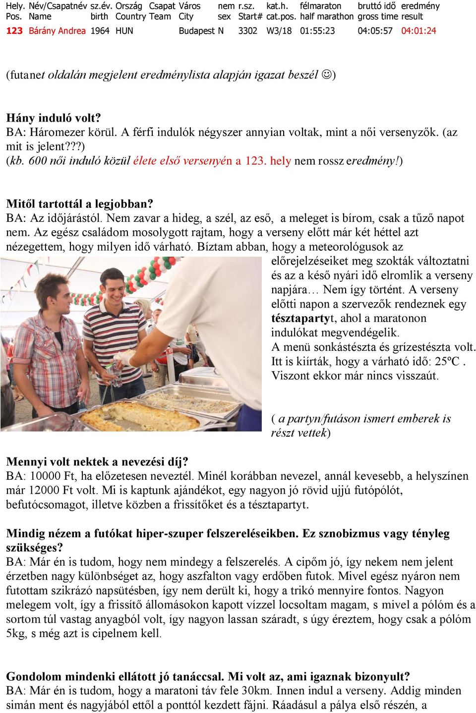 BA: Háromezer körül. A férfi indulók négyszer annyian voltak, mint a női versenyzők. (az mit is jelent???) (kb. 600 női induló közül élete első versenyén a 123. hely nem rossz eredmény!