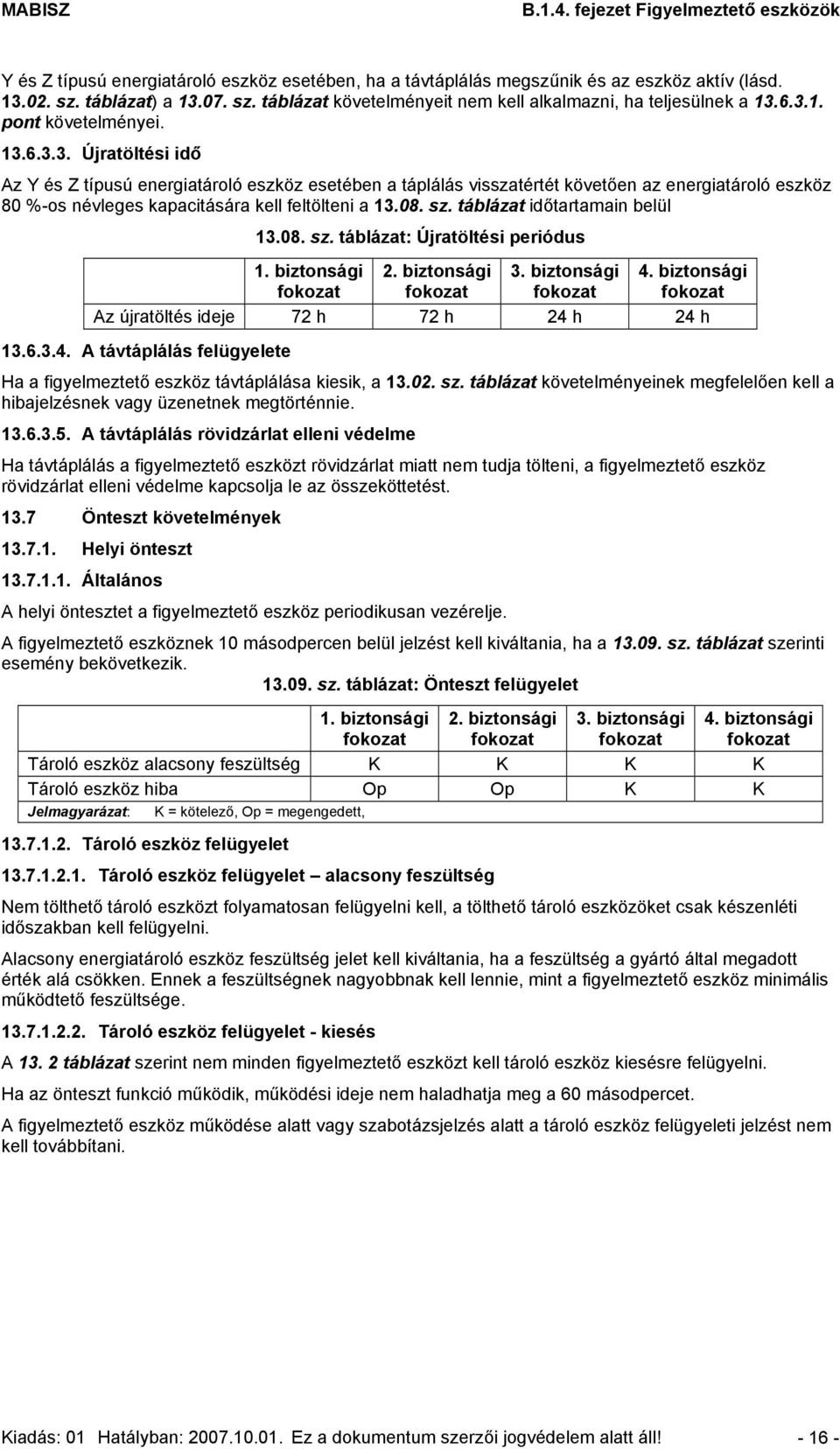 08. sz. táblázat időtartamain belül 13.08. sz. táblázat: Újratöltési periódus 1. biztonsági 2. biztonsági 3. biztonsági 4.