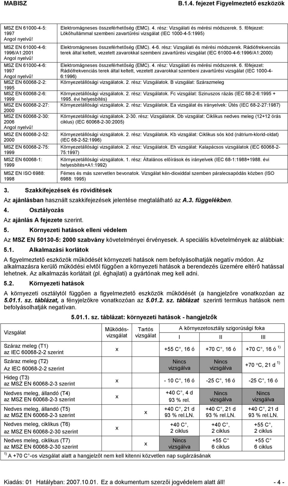 MSZ EN 60068-2-52: 2000 MSZ EN 60068-2-75: 1999 MSZ EN 60068-1: 1999 MSZ EN ISO 6988: 1998 Elektromágneses összeférhetőség (EMC). 4. rész: Vizsgálati és mérési módszerek. 5.